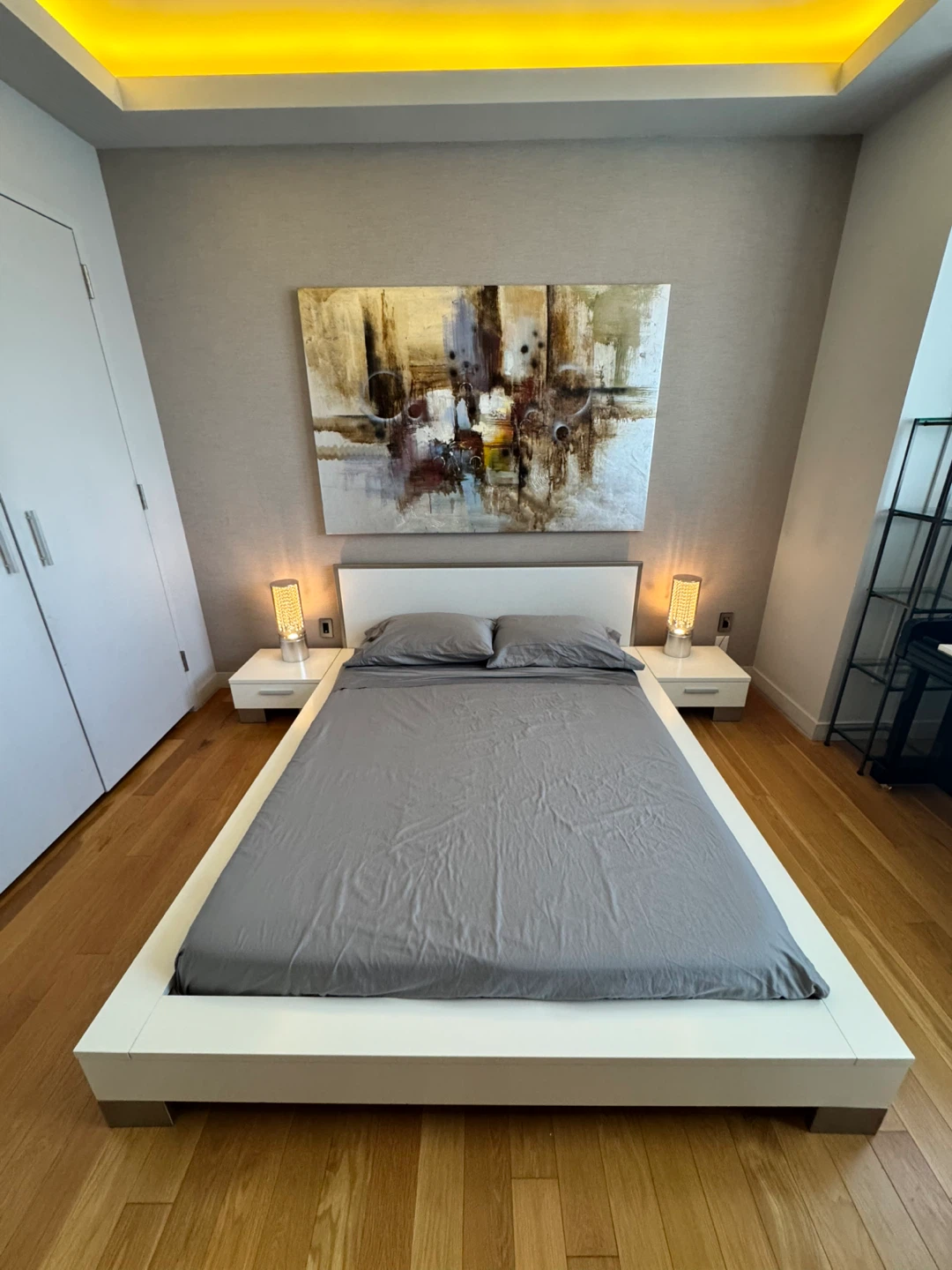 Modern White Platform Bed Frame with Gray Bedding - photo 2