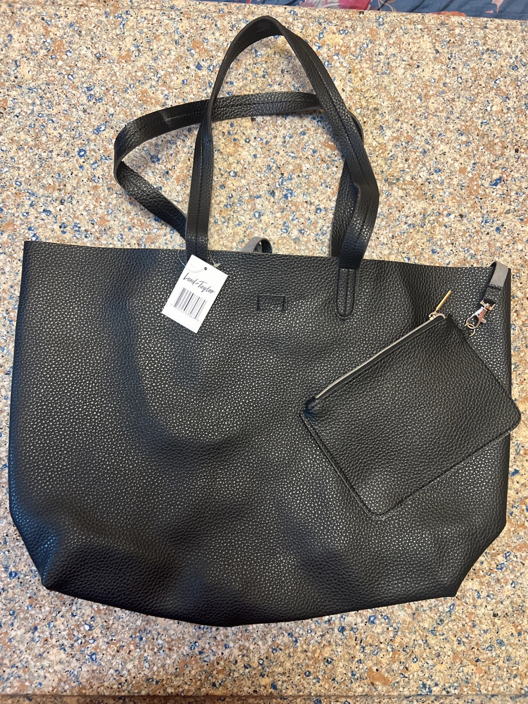 Black Faux Leather Tote Bag with Pouch