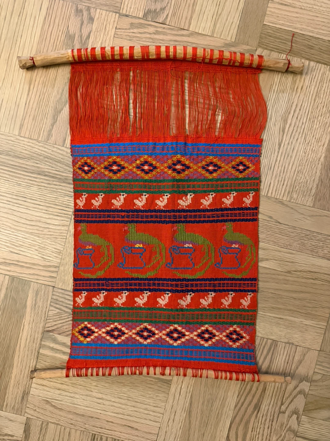 Peruvian Woven Textile Wall Hanging with Wooden Dowels