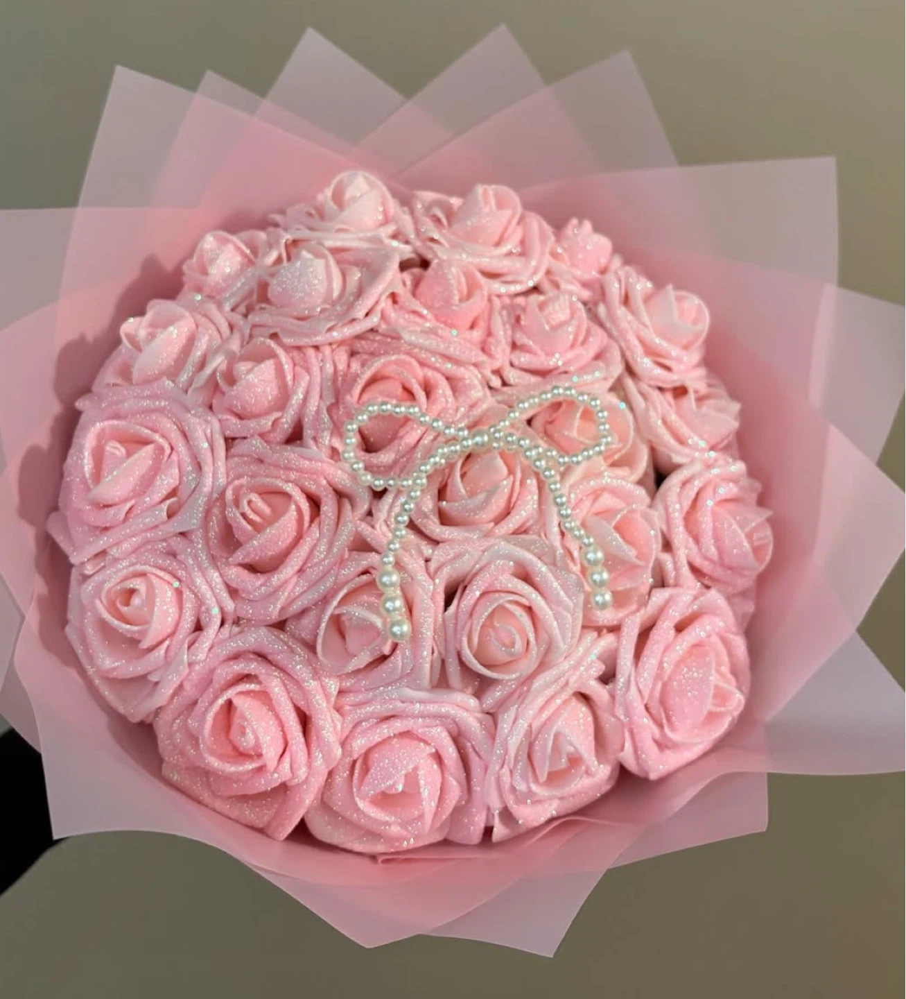 Pink Glitter Rose Bouquet with Pearls