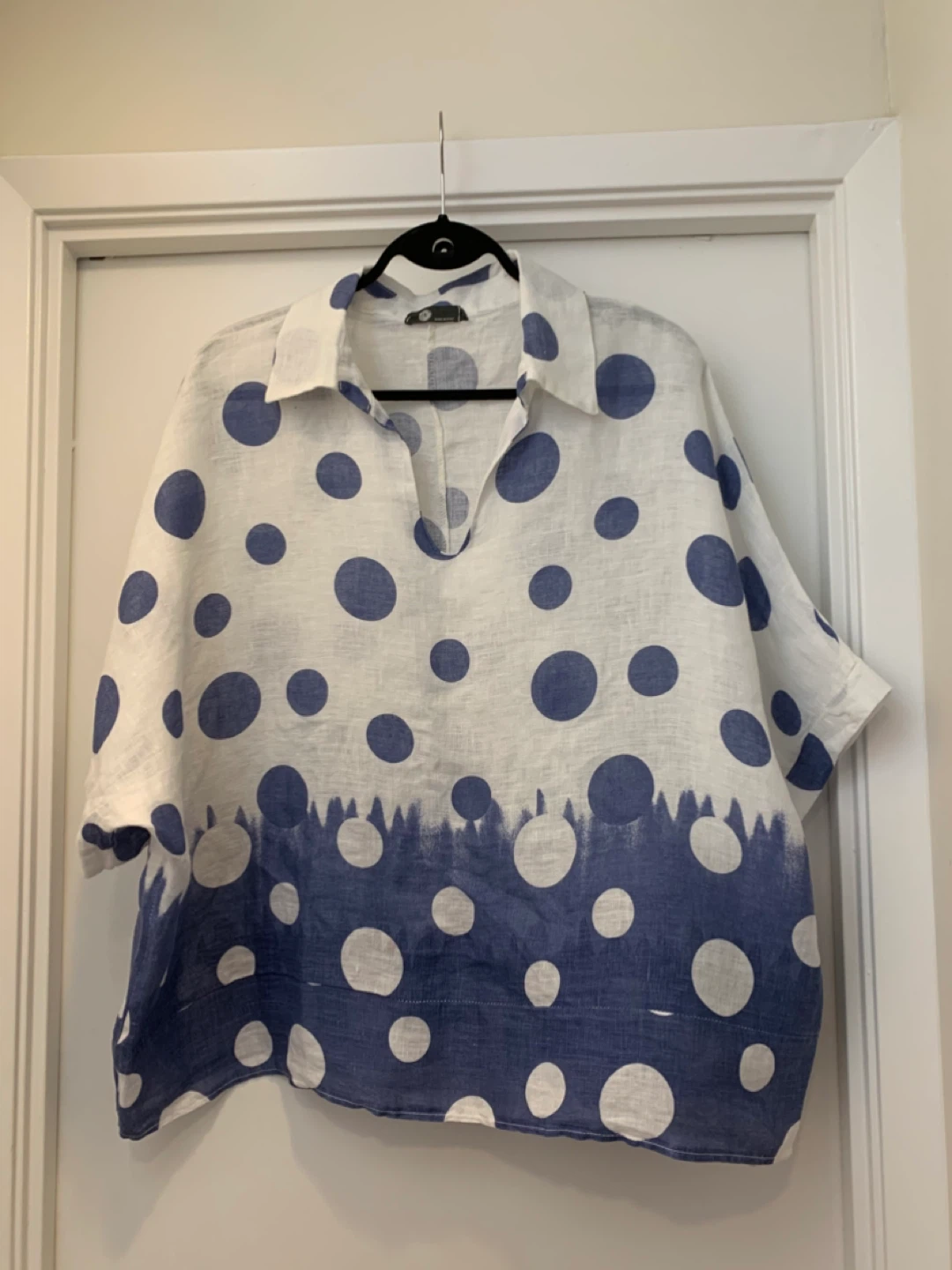 M Made in Italy  Blue and White Polka Dot Linen Shirt
