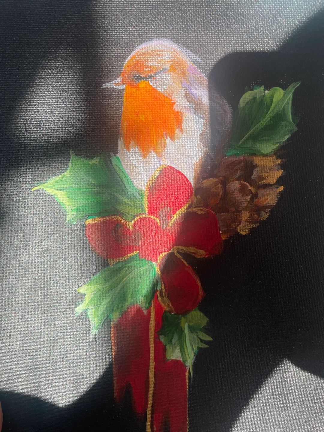 Hand-painted Robin Christmas Canvas Art