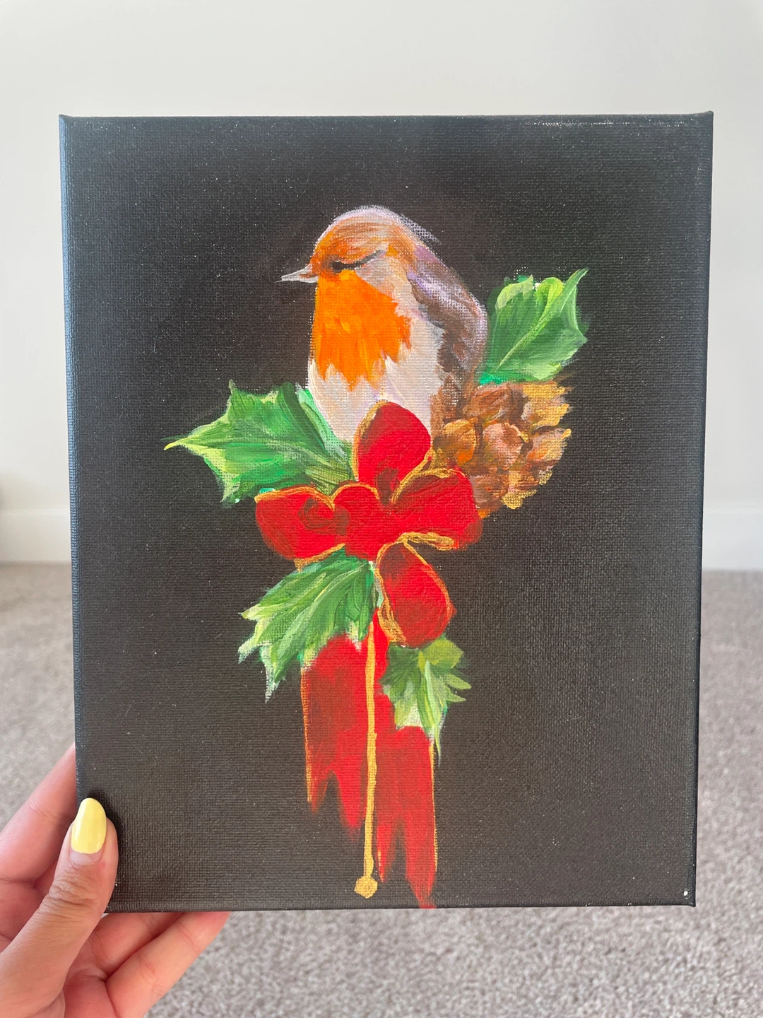 Hand-painted Robin Christmas Canvas Art - photo 2