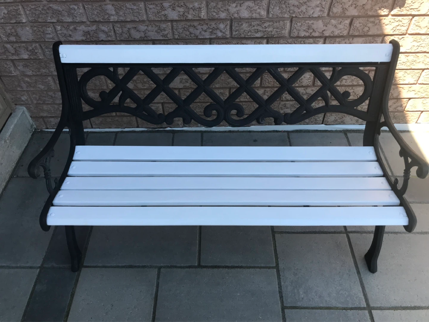 Ornate Cast Iron & White Slat Garden Bench
