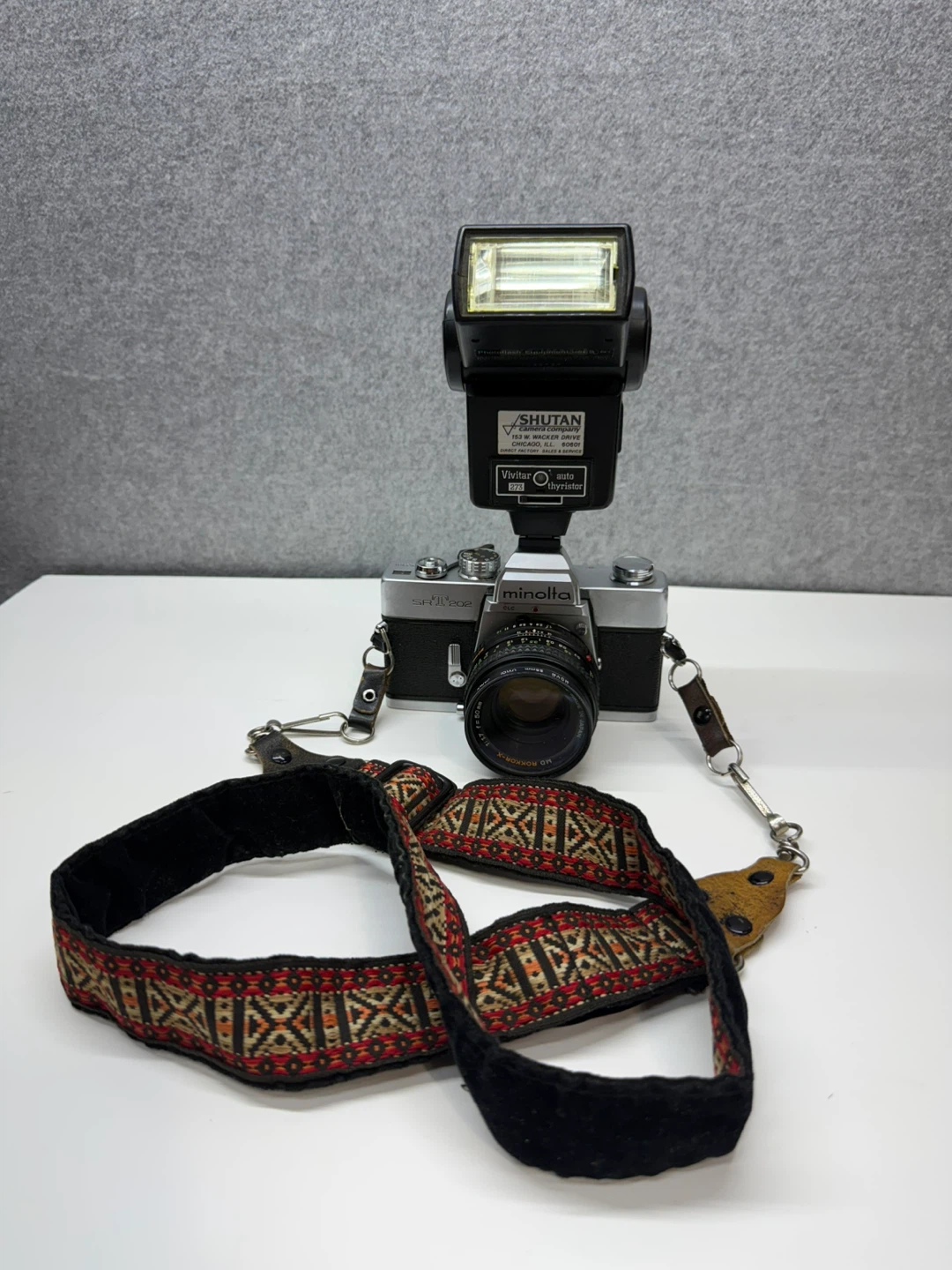 Minolta SRT202 Film Camera with Vivitar Auto Thyristor Flash