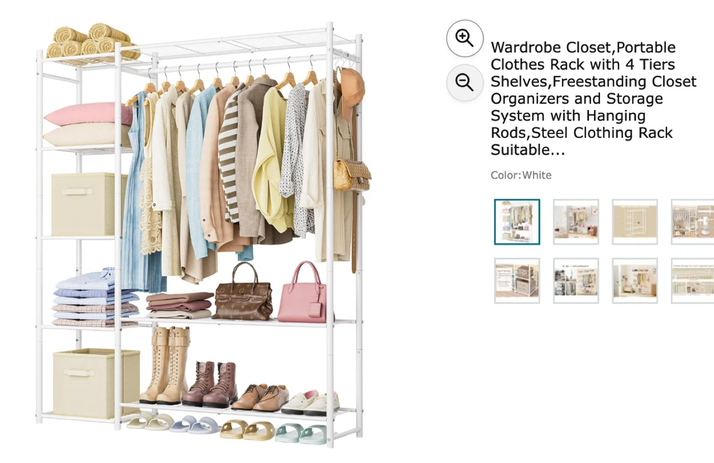 HOMIDEC White Wardrobe Closet with 4 Tiers and Hanging Rods