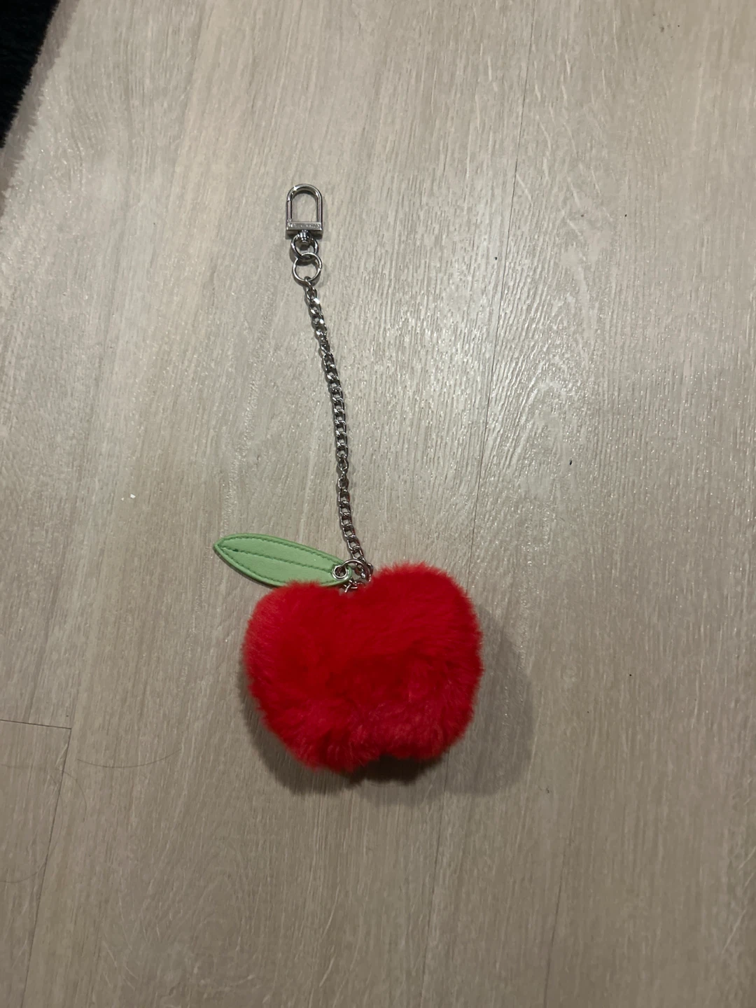 Fuzzy Red Apple Keychain with Leaf Accent