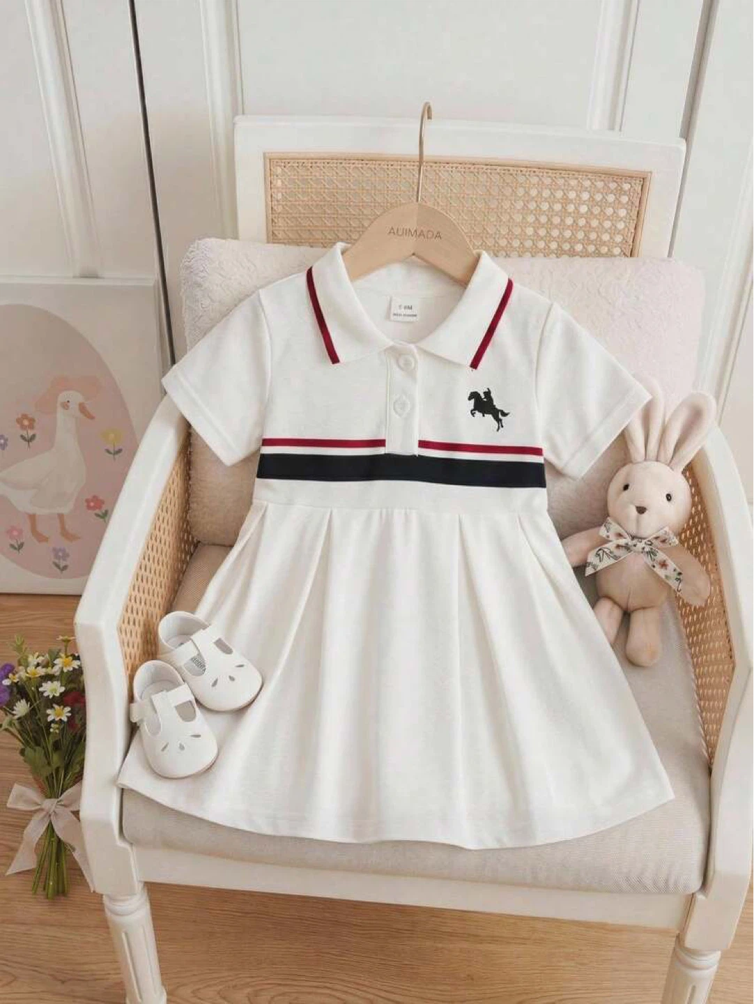 White Polo Dress with Horse Embroidery 6-9months