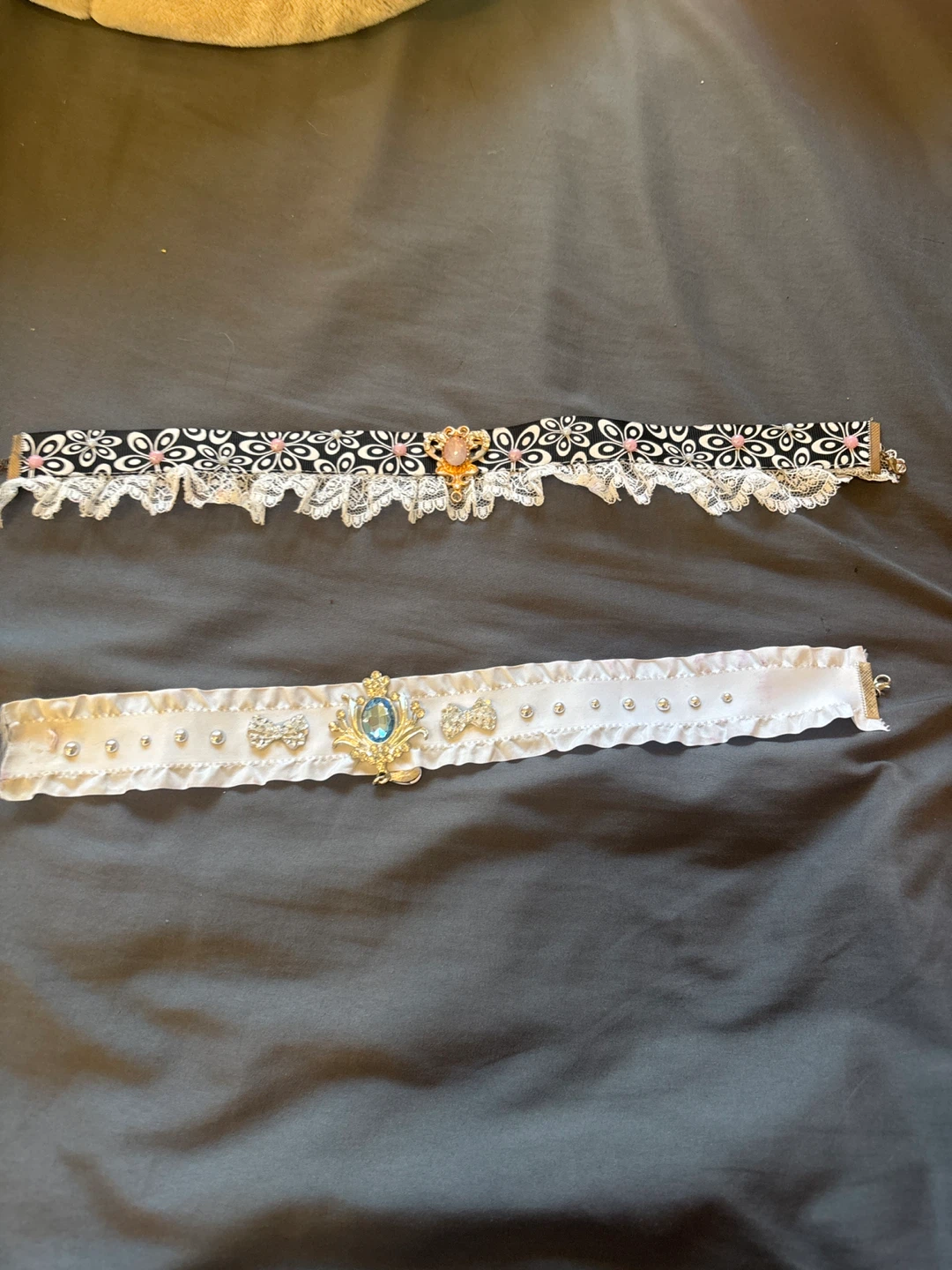 Two Chokers - Black Floral and White Rhinestone