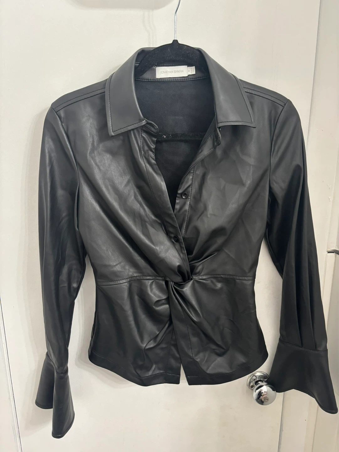 JONATHAN SIMKHAI Black Faux Leather Twist Front Shirt