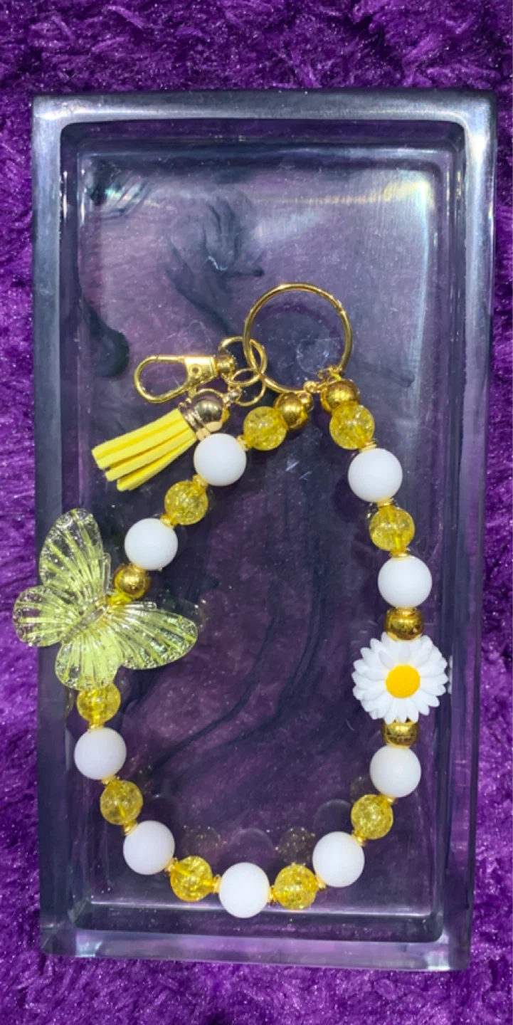 Yellow Butterfly and Daisy Beaded Keychain with Tassel