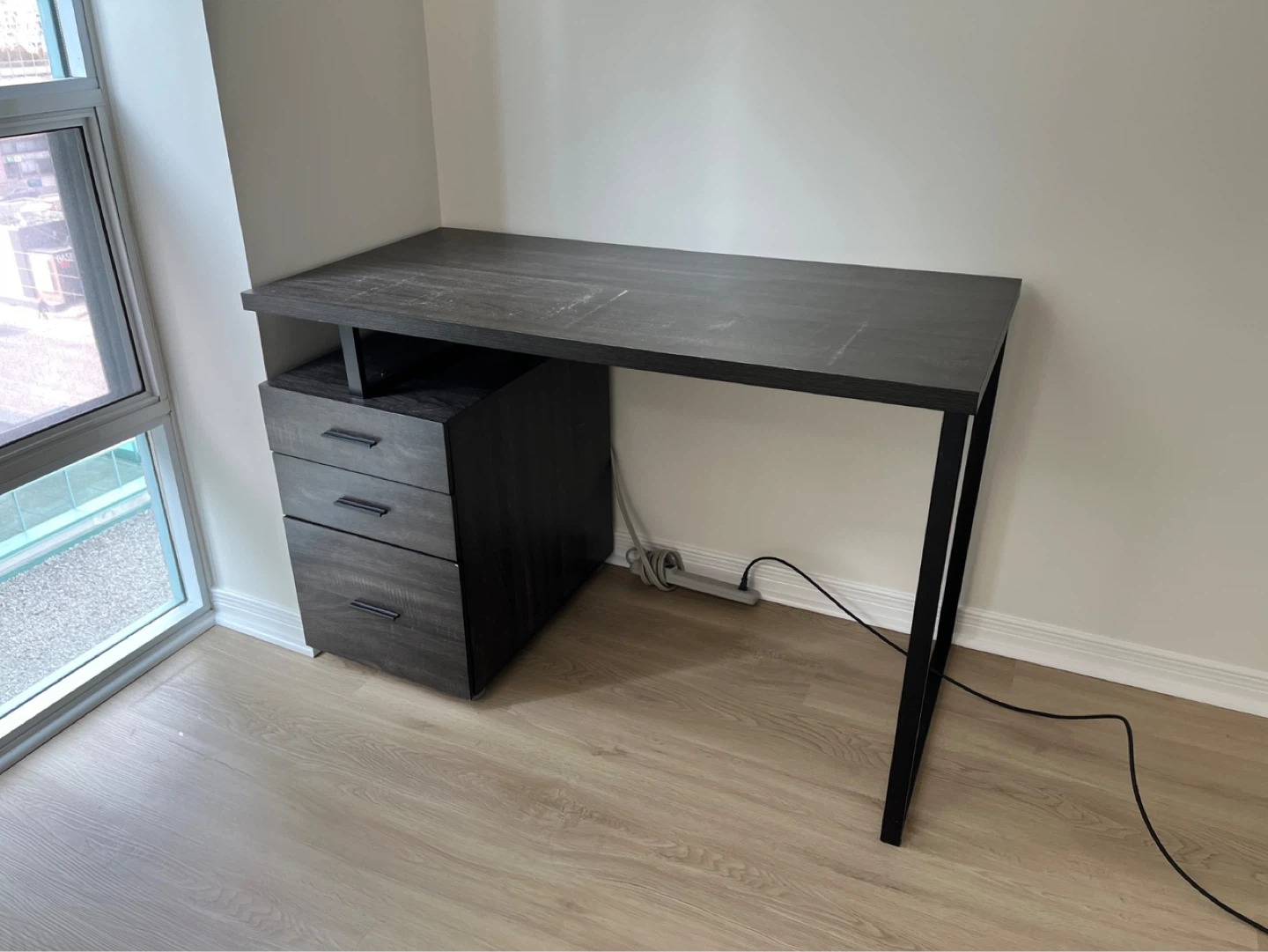 Dark Wood Grain Desk with Drawers - study desk - working desk