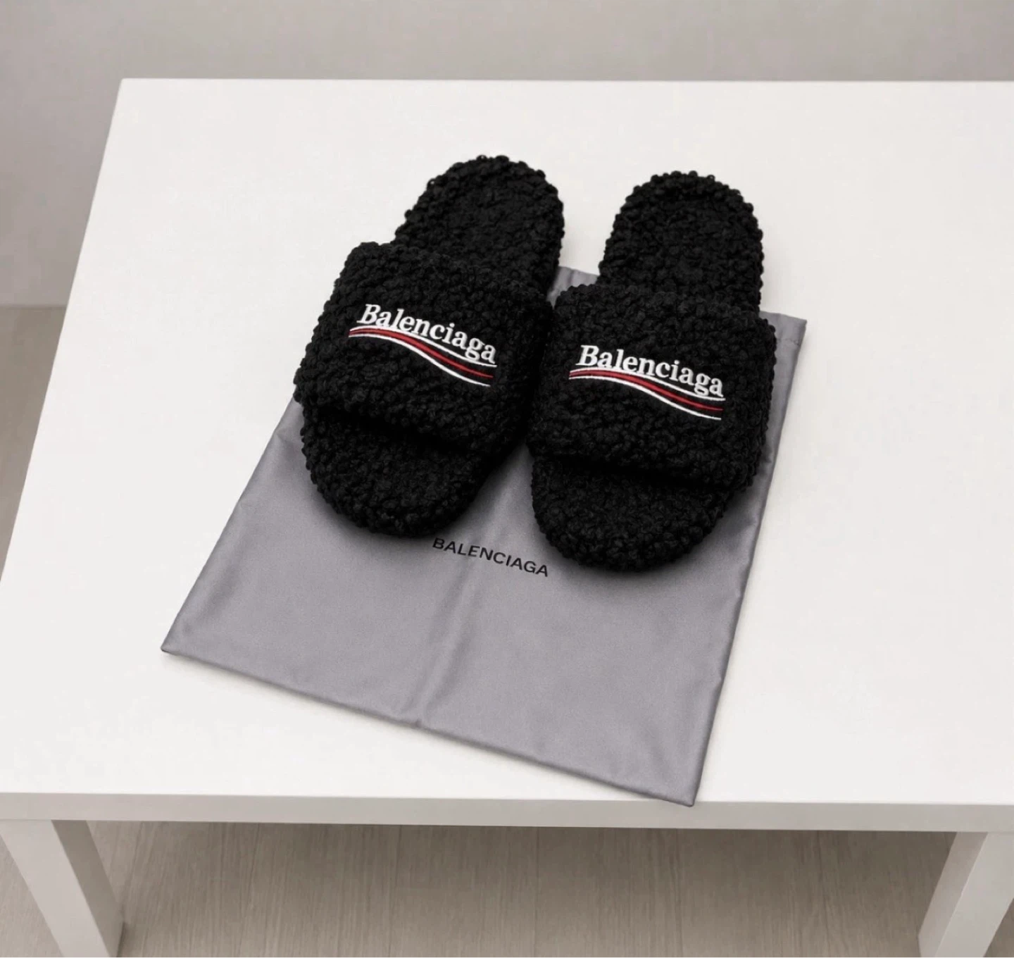 Balenciaga Black Fleece Slippers with Dust Bag