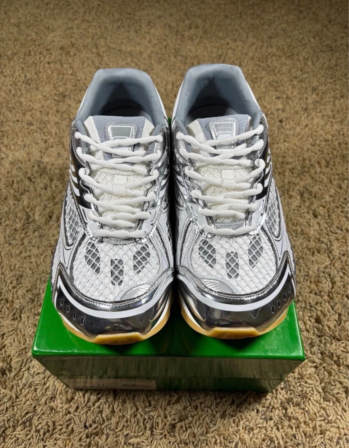 BOTTEGA VENETA White/Silver Mesh Runner Sneakers