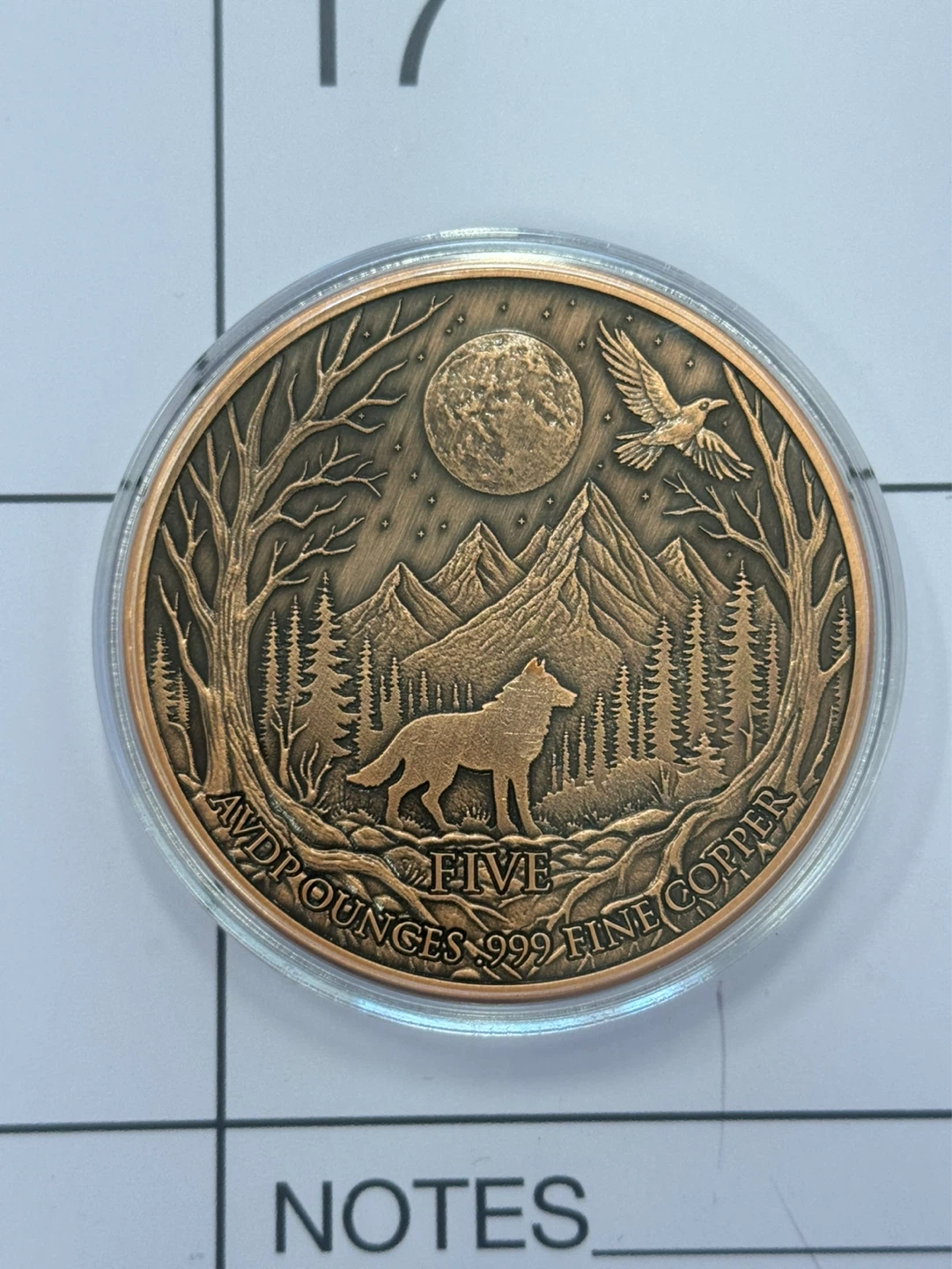 5 oz .999 FINE COPPER Coin wolf and red moon - photo 2
