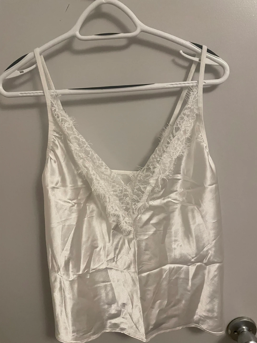 White Satin Pajama Set with Lace Trim - photo 2