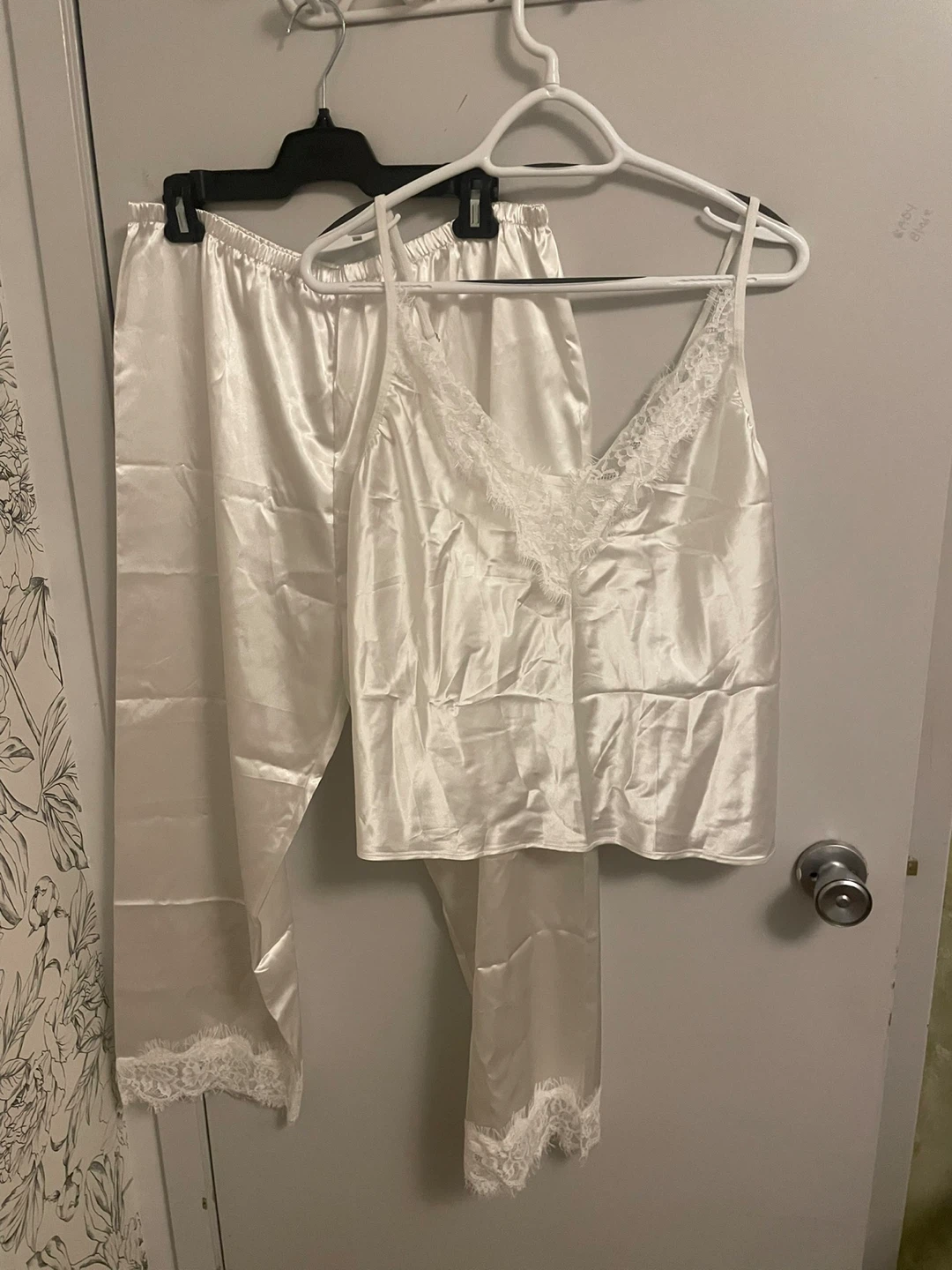 White Satin Pajama Set with Lace Trim