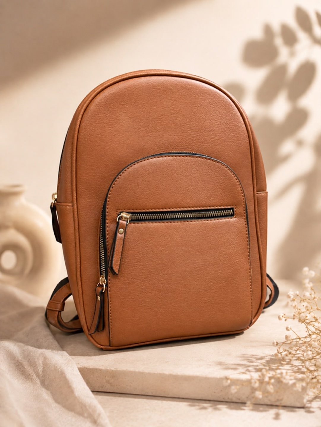 Brown Faux Leather Mini Backpack