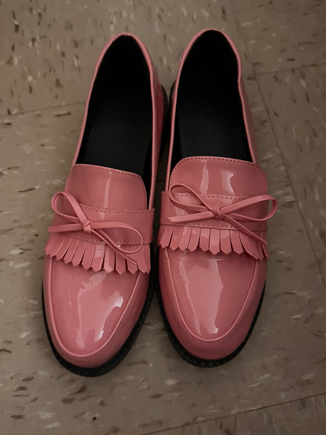 Pink Patent Loafers with Fringed Bow Detail