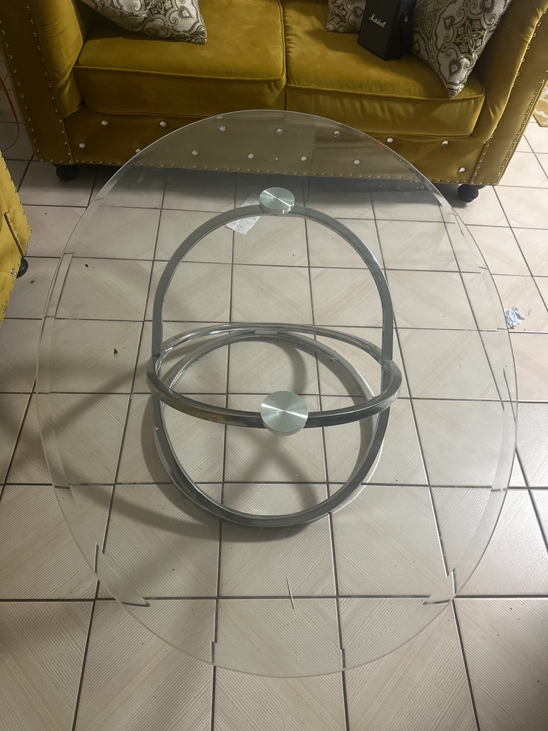 Glass Oval Coffee Table with Metal Base