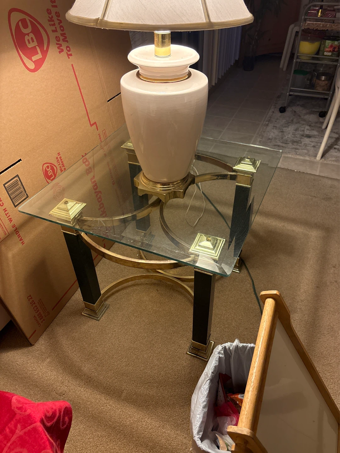 Glass and Brass Side Table with Lamp