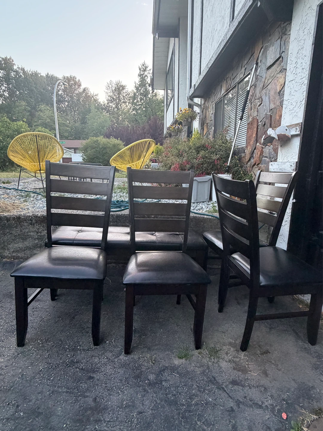 Set of 4 Dark Wood Dining Chairs with Black Upholstery