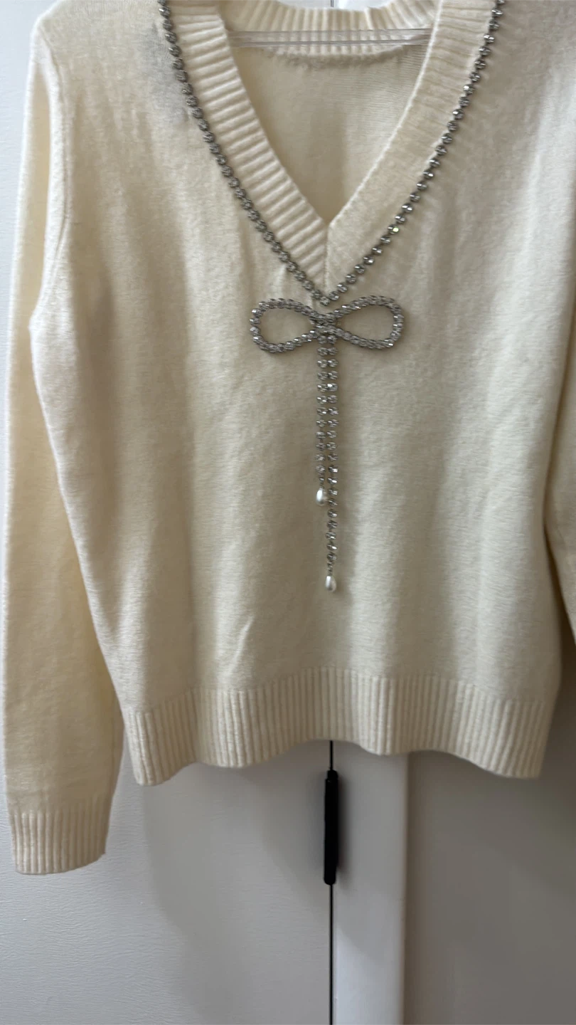 Loft Cream Sweater with Rhinestone Bow Detail