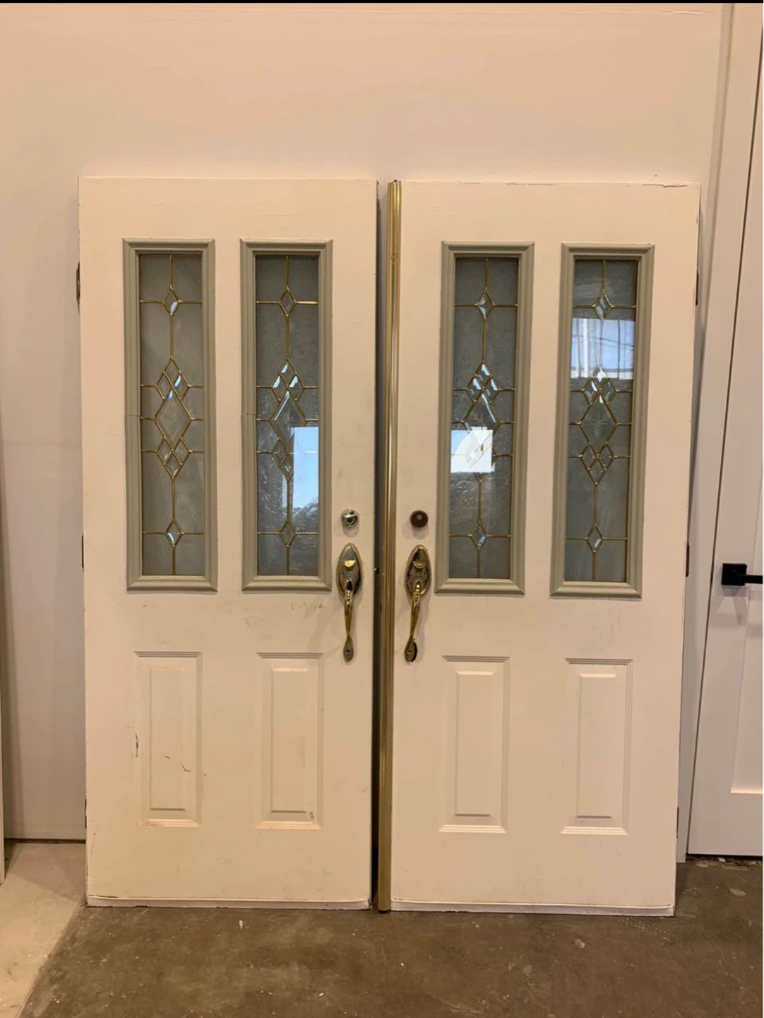 Double Entry Metal Doors with Leaded Glass, 32x80 Each, NO Frame