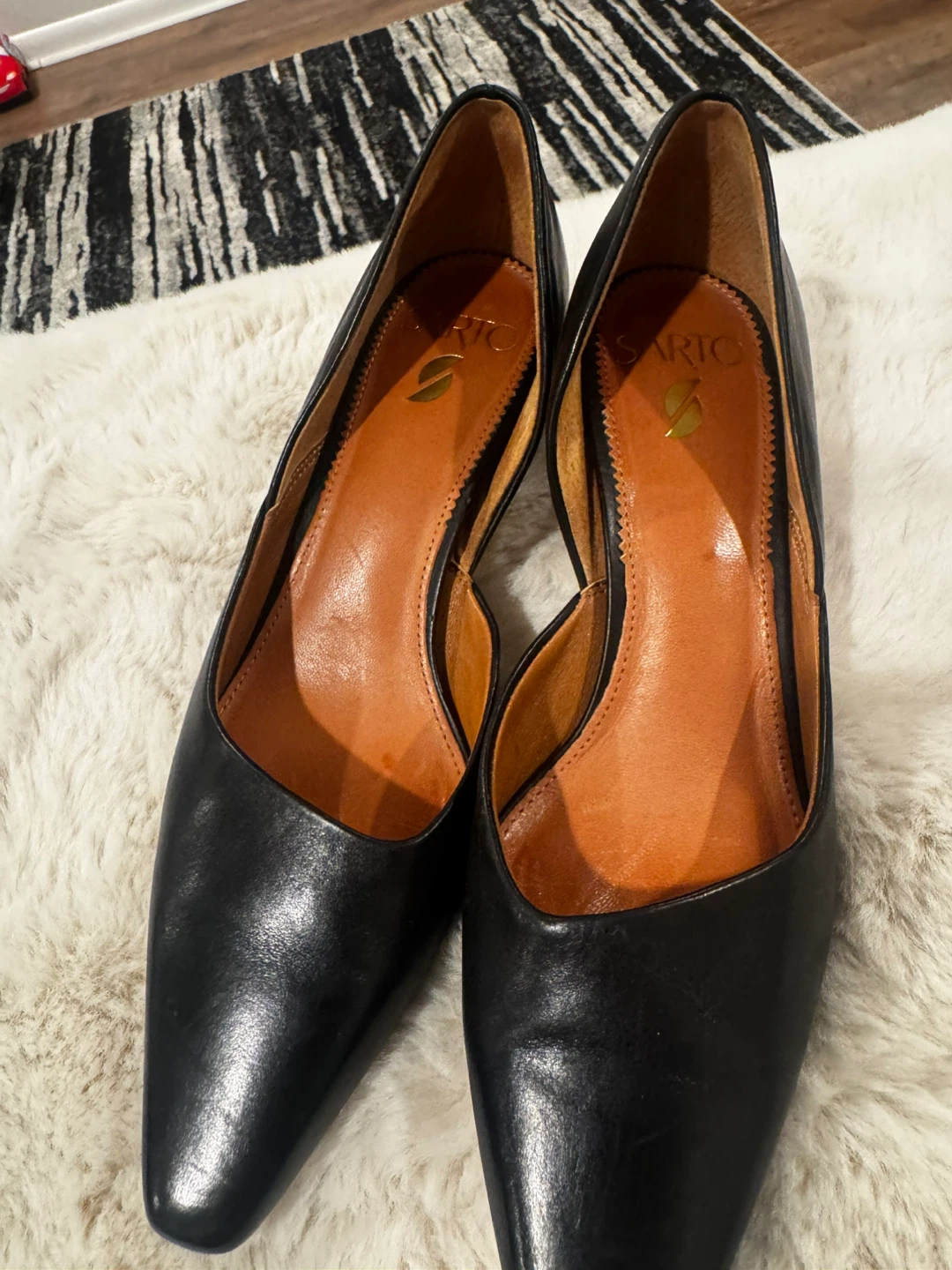 Sarto Black Leather Block Heel Pumps