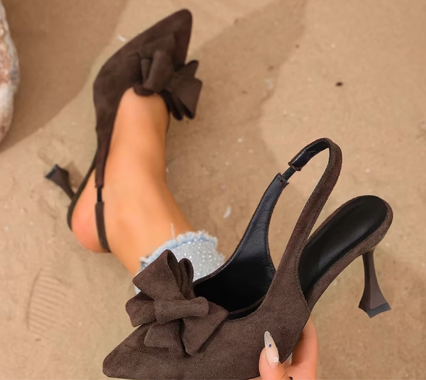 Brown Suede Slingback Heels with Bow - photo 3