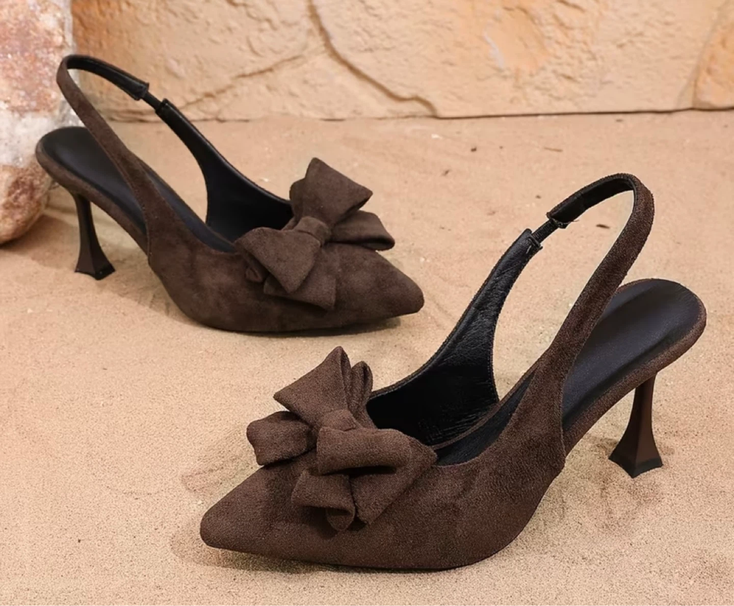 Brown Suede Slingback Heels with Bow - photo 4