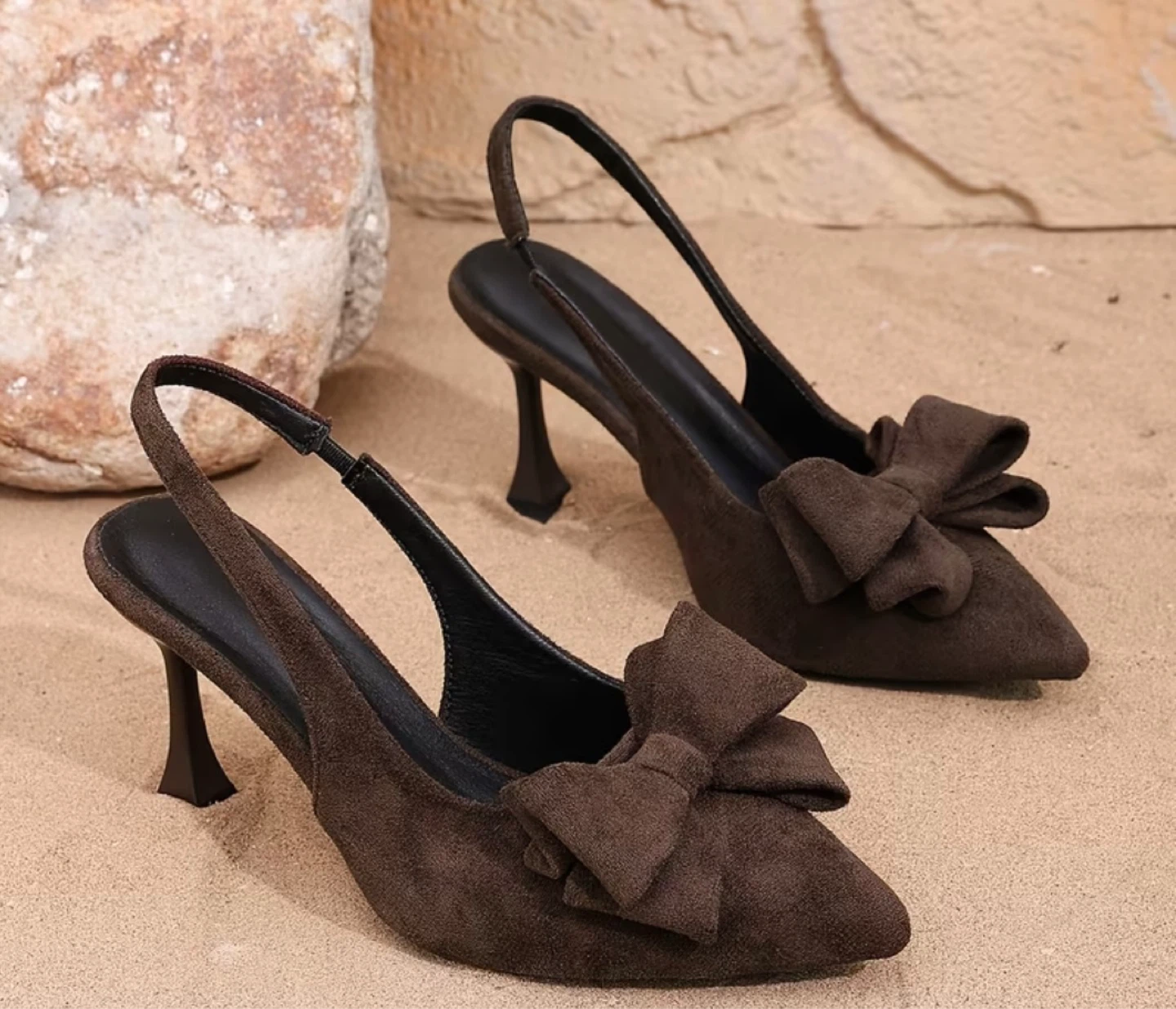Brown Suede Slingback Heels with Bow