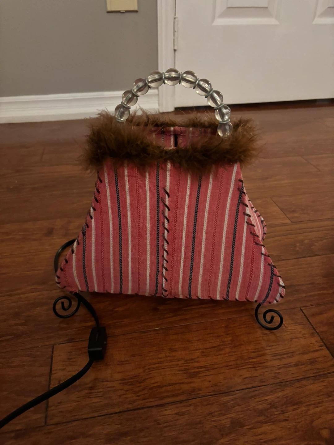 Decorative Purse Lamp with Beaded Handle and Fur Trim