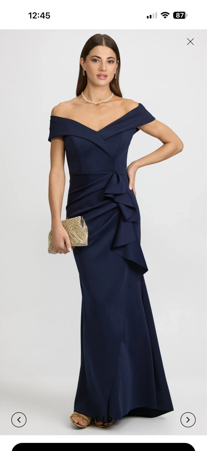Navy Blue Off-the-Shoulder Evening Gown