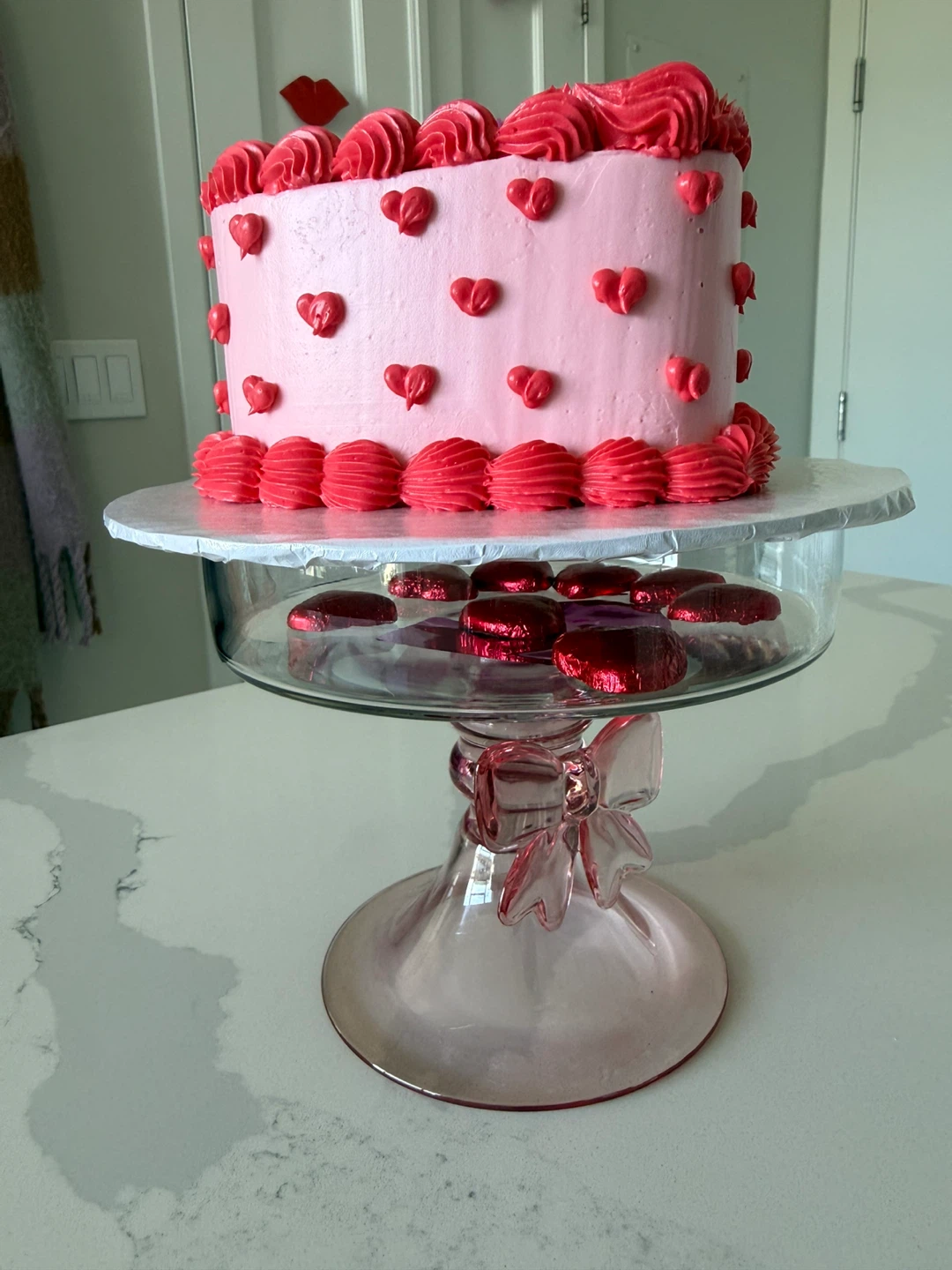 Pink Glass Cake Stand with Bow Detail