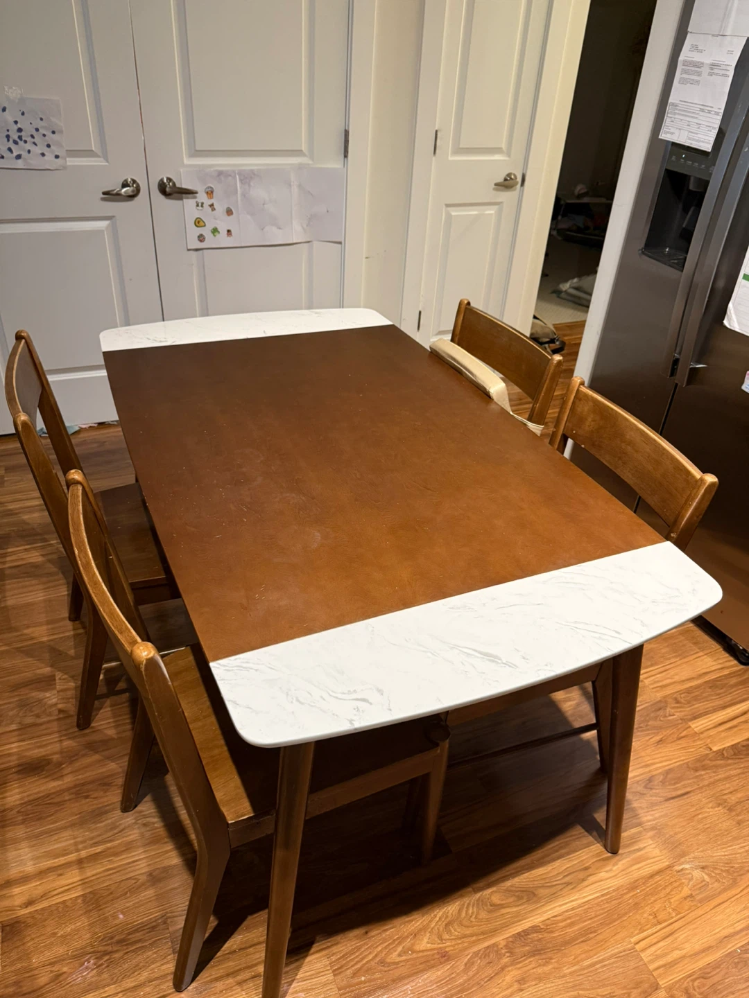 Mid Century Marble & Walnut Dining Table with 4 chairs