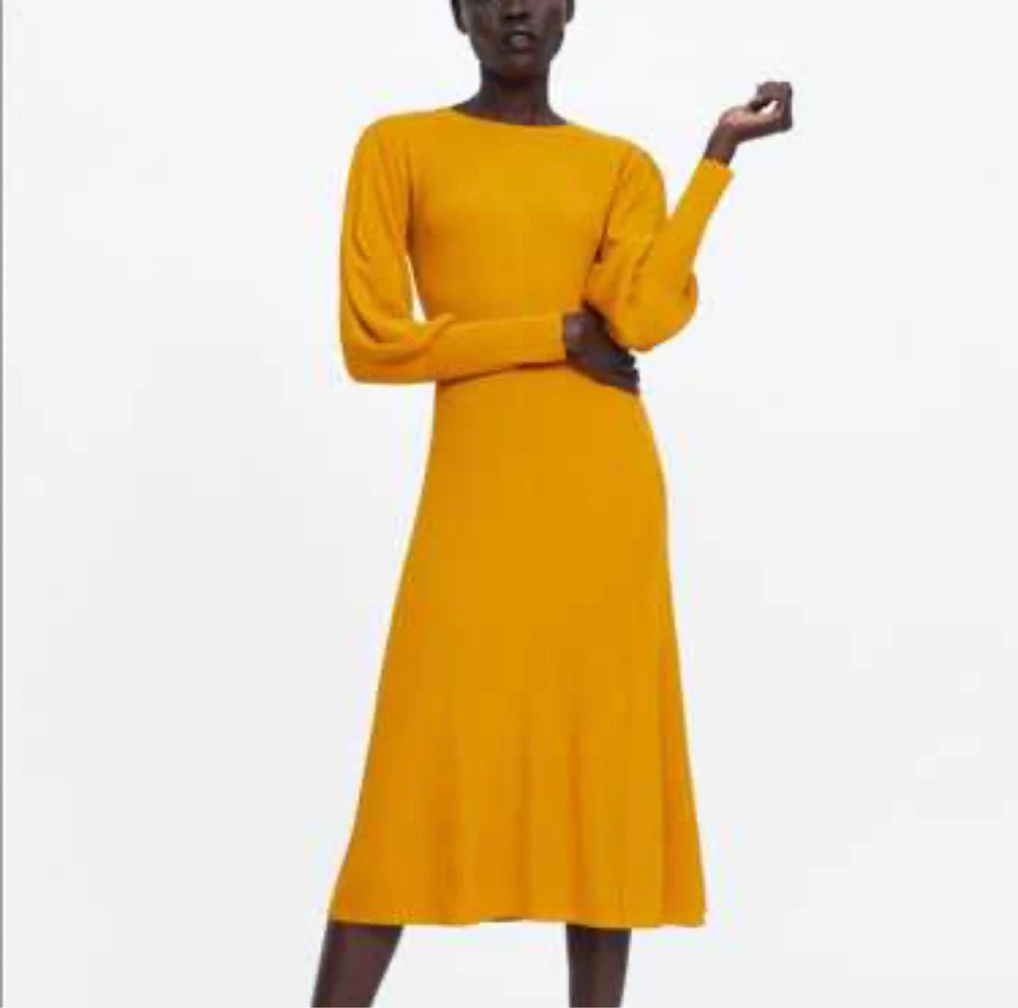 ZARA Mustard Yellow Ribbed Dress with Puff Sleeves Size S