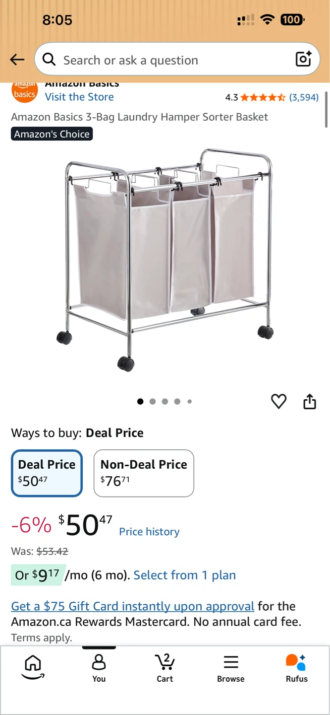 Amazon Basics 3-Bag Laundry Hamper Sorter Basket