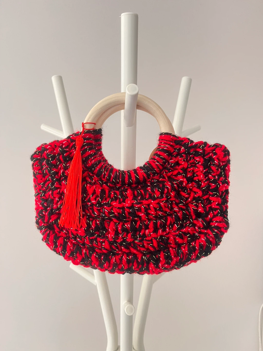 Hand-crocheted Red & Black Mini Bag with Wooden Handle