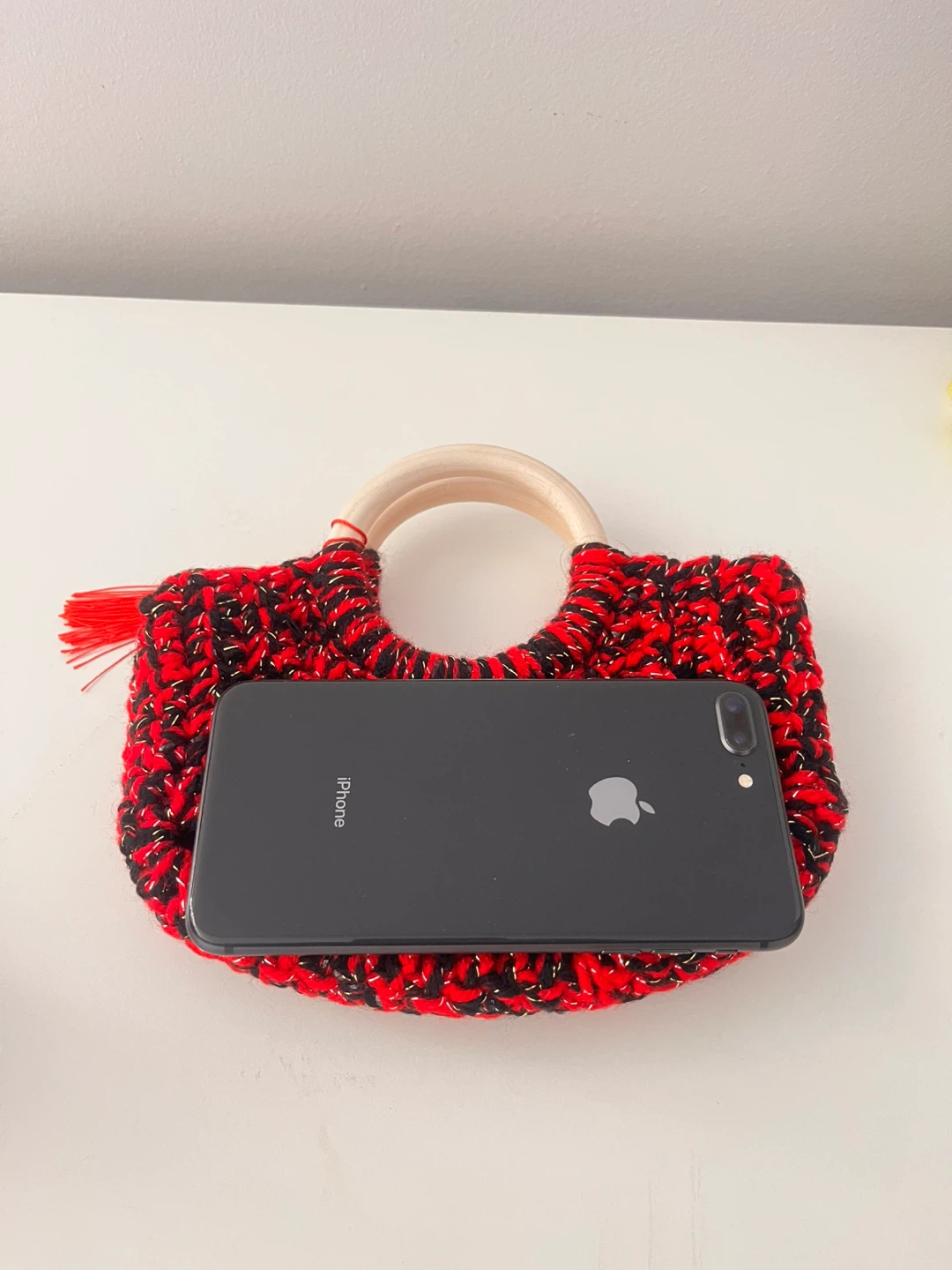 Hand-crocheted Red & Black Mini Bag with Wooden Handle - photo 2
