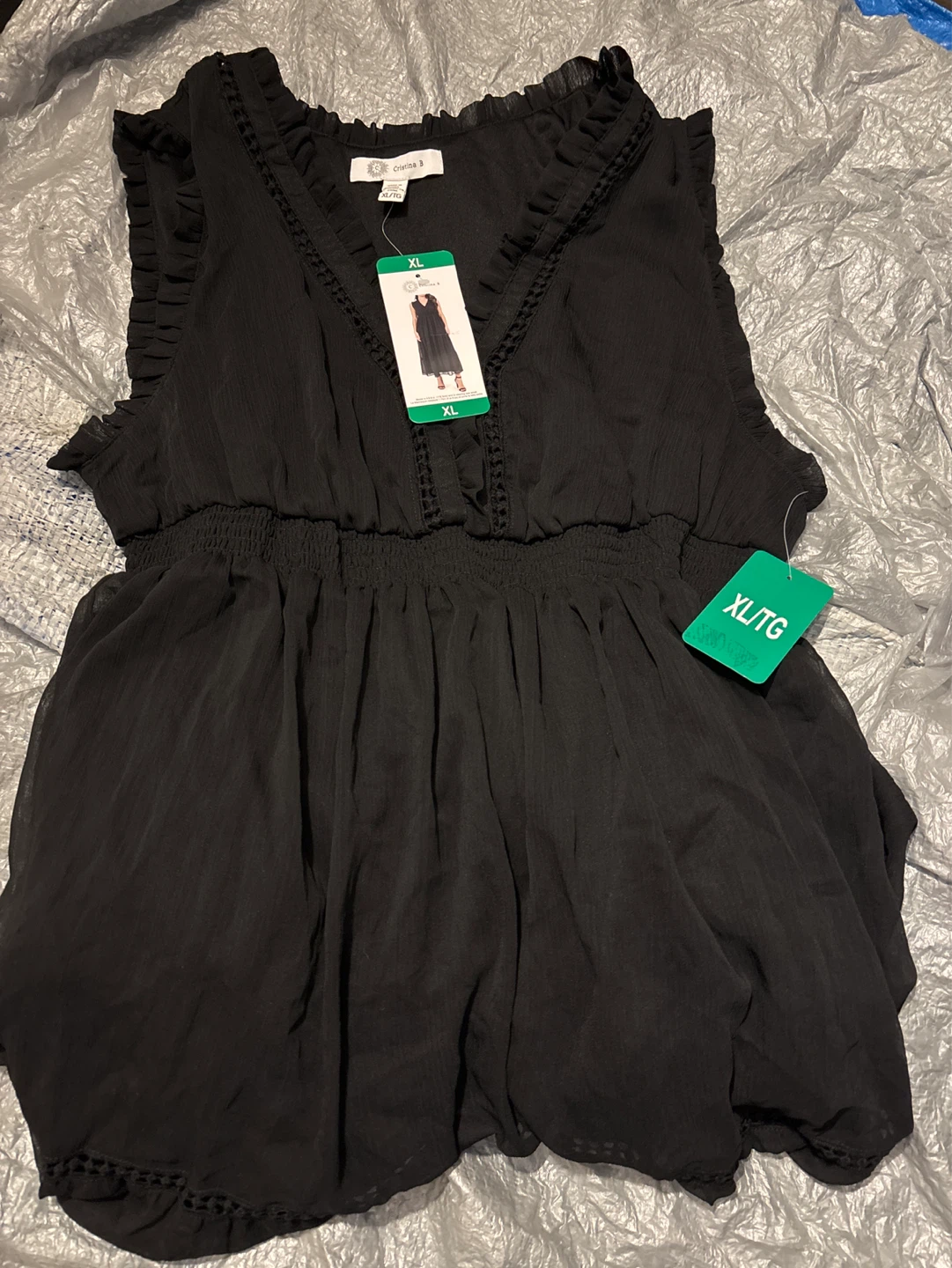 Cristina B Black V-Neck Ruffle Sleeveless dress XL/TG