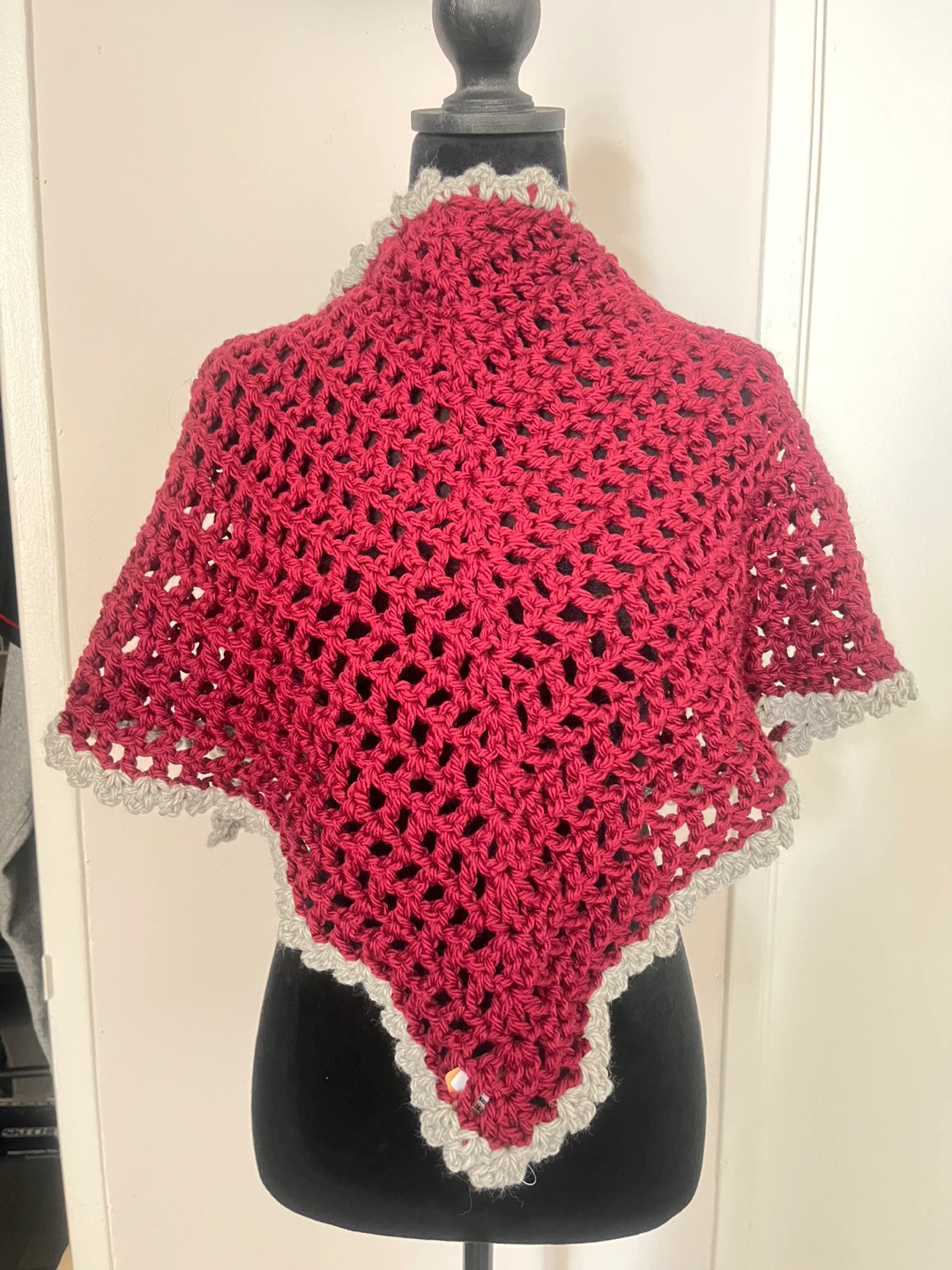 Hand-Crocheted Red and Grey Shawl