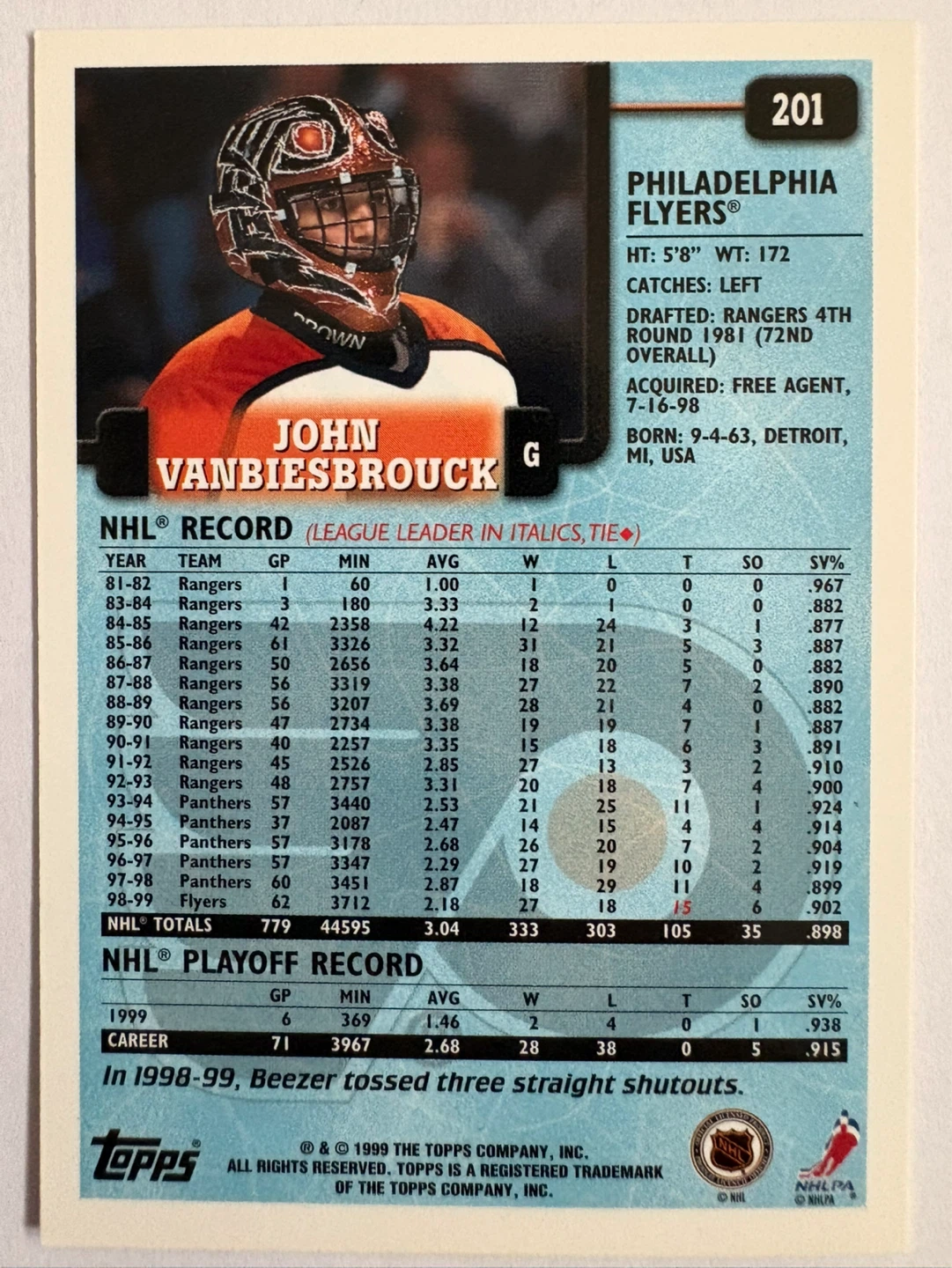 Topps #201 John Vanbiesbrouck Philadelphia Flyers Hockey Card - photo 2
