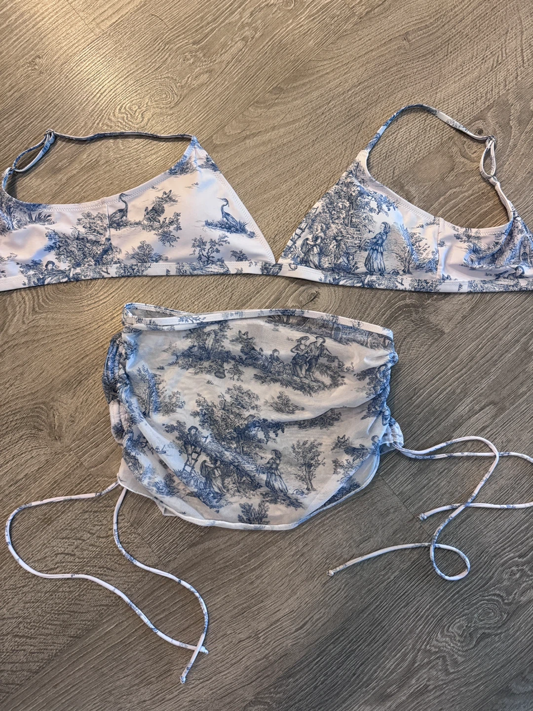 Blue and White Toile Bikini Top with Mesh Cover-up-size L