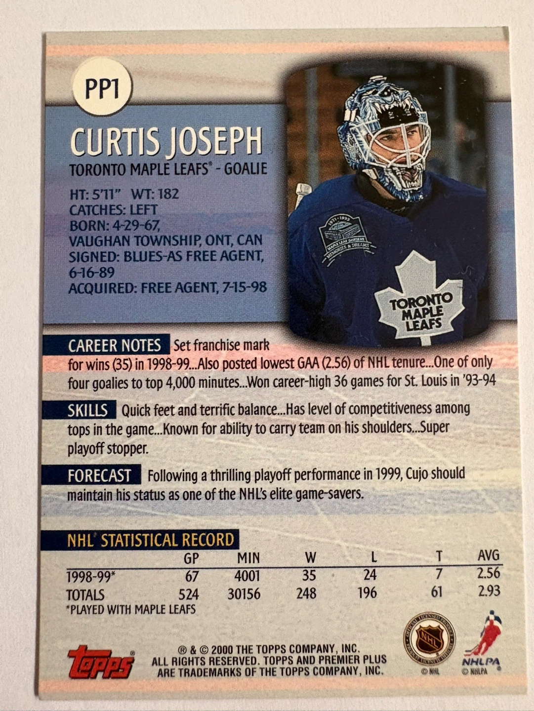 Curtis Joseph Toronto Maple Leafs Hockey Card - photo 2