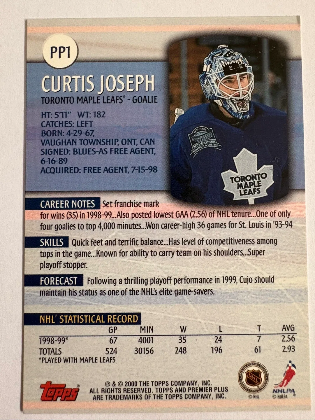 Curtis Joseph Toronto Maple Leafs Hockey Card - photo 2
