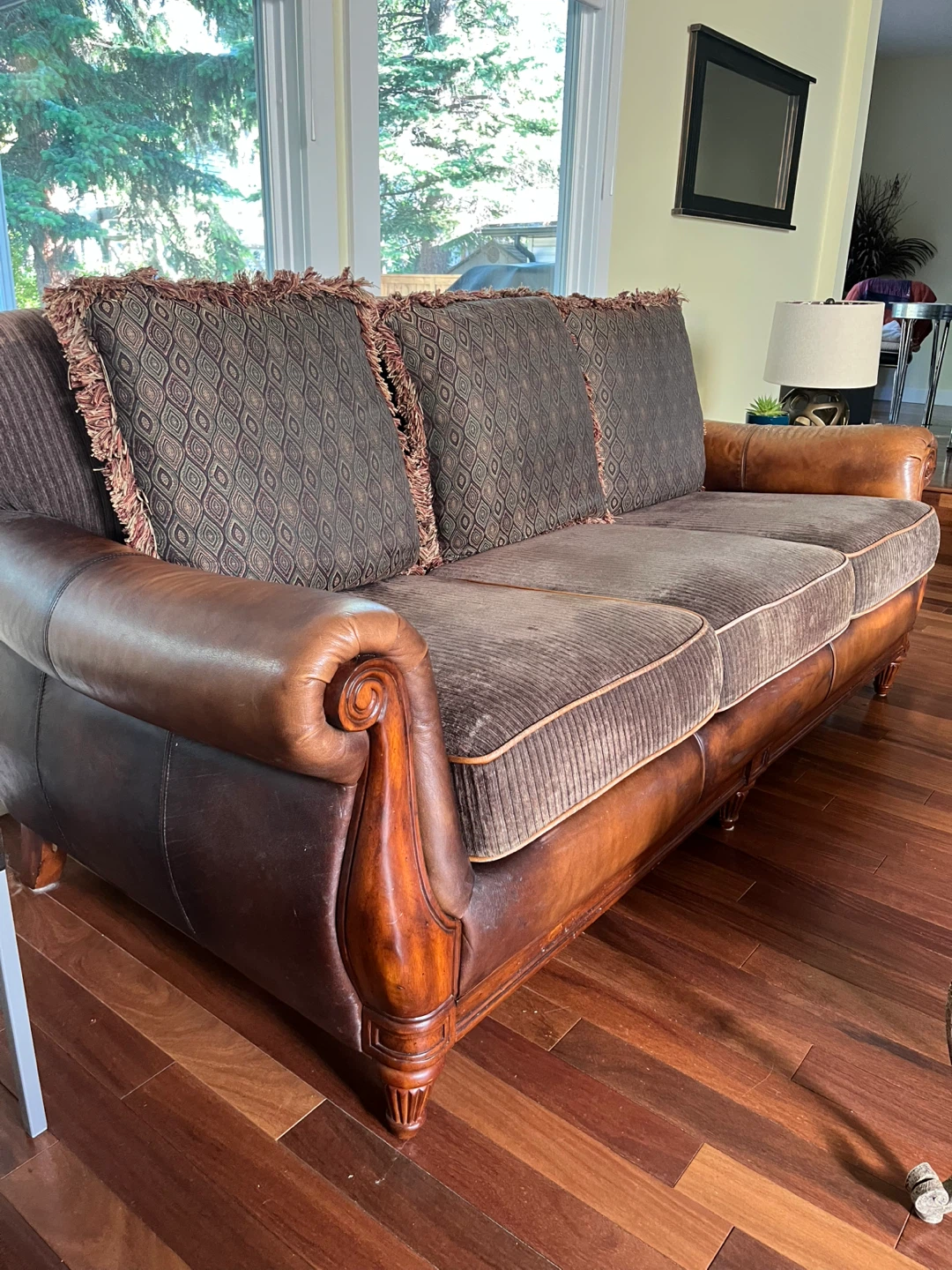 Brown Leather and Fabric Sofa with Matching Chair and Ottoman - photo 3