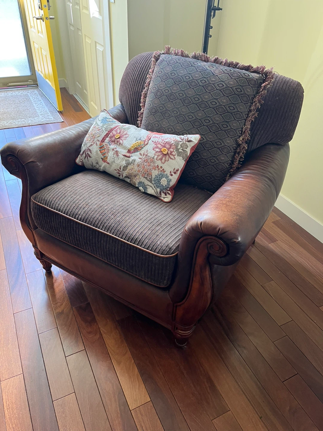 Brown Leather and Fabric Sofa with Matching Chair and Ottoman - photo 2