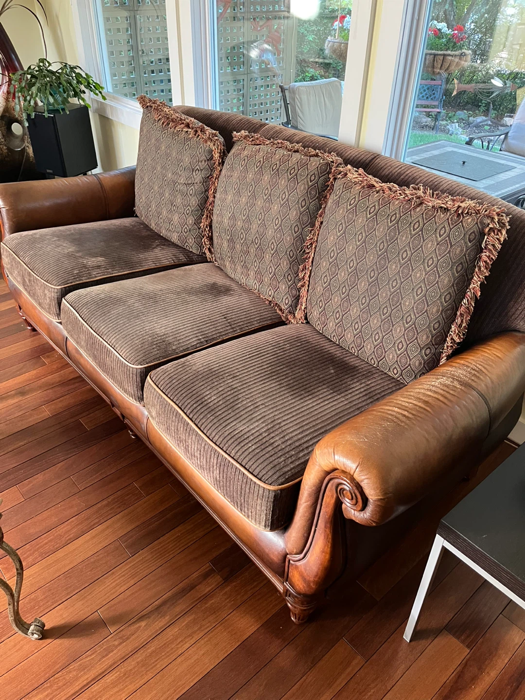 Brown Leather and Fabric Sofa with Matching Chair and Ottoman - photo 4