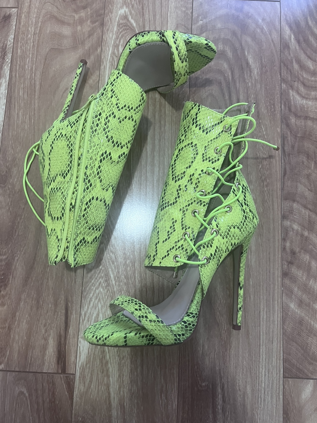 Neon Green Snakeskin Lace-Up Heels